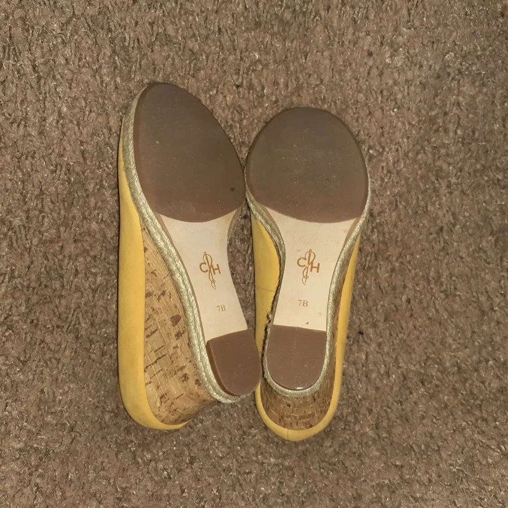 COLE HAAN-Yellow Nubuck Leather-Peep Toe-Cork Wedge-Espadrille-Sz 7-Excellent